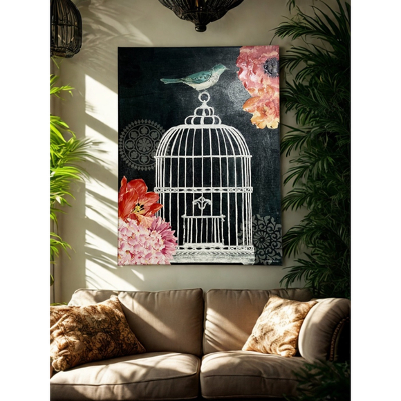 Other - Kathryn White Original Canvas Painting Bird Cage Floral Wall Art Signed 32 x 24